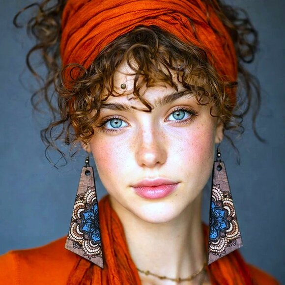 Jewelry - Earrings. Wood. Blue & Ivory Mandalas. Pierced.